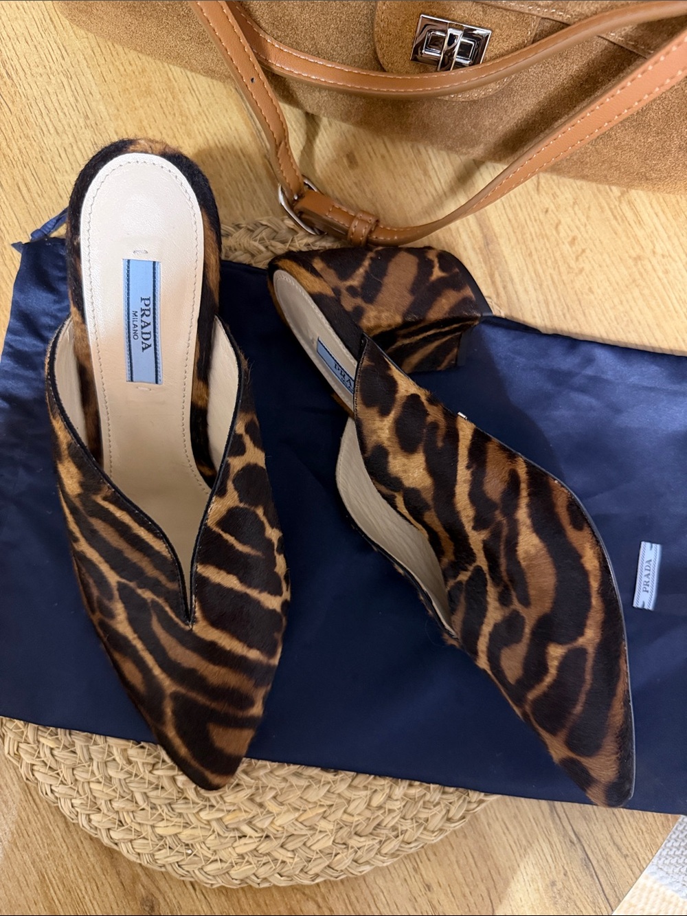 Prada Leopard-Print Slip-On Mules in Brown and Black. 37 like new!